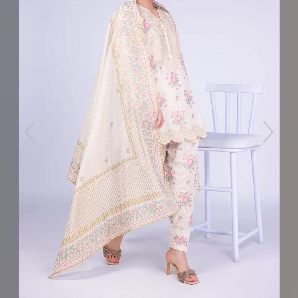Floral Embroidered and block print suit khaadi